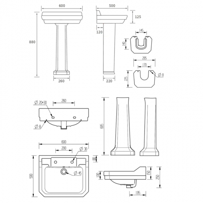 Signature Aphrodite Basin and Full Pedestal 600mm Wide - 2 Tap Hole