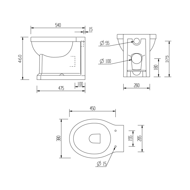 Signature Aphrodite Comfort Height Back to Wall Toilet - Soft Close Seat with Chrome Hinges  | Dimension Image