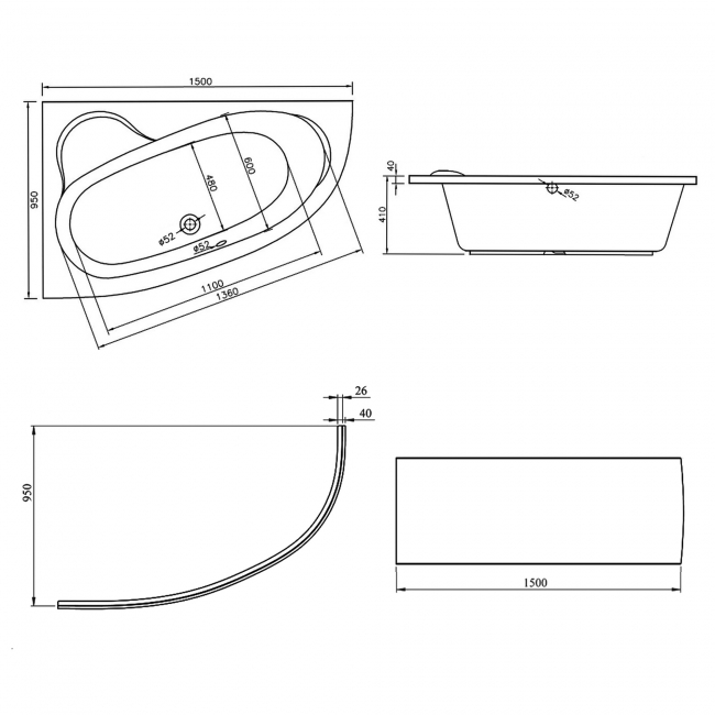 Signature Artemis Offset Corner Bath 1500mm x 950mm Left Handed (inc Panel)