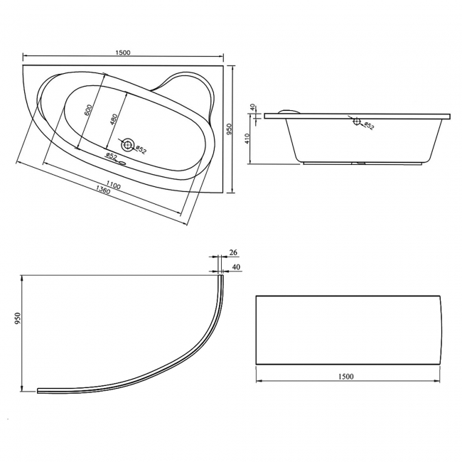 Signature Artemis Offset Corner Bath 1500mm x 950mm Right Handed (inc Panel)