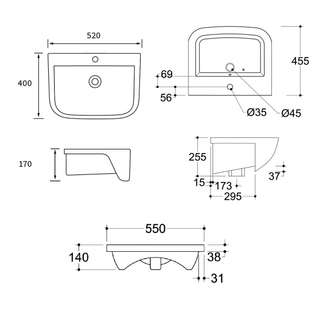 Signature Aztec Semi-Recessed Basin 520mm Wide - 1 Tap Hole