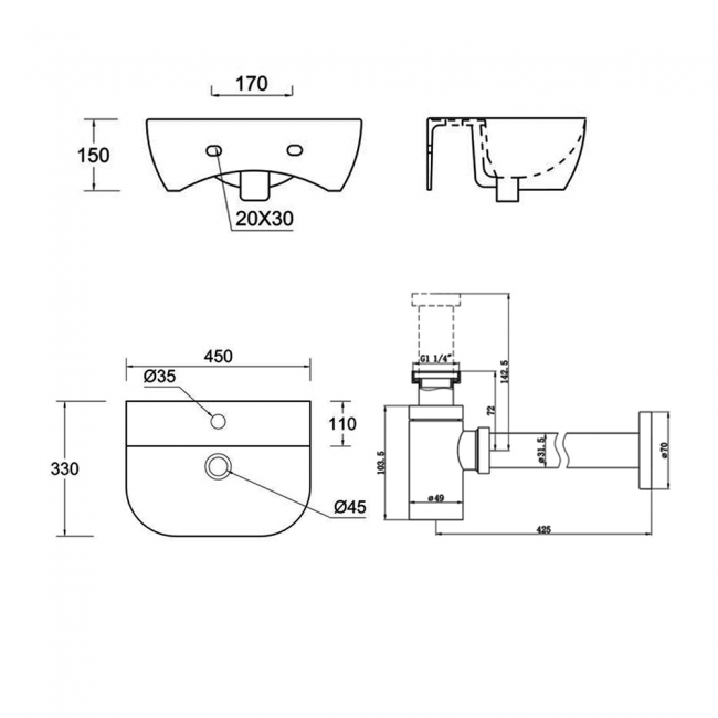 Signature Aztec Wall Hung Cloakroom Basin and Bottle Trap 450mm Wide - 1 Tap Hole