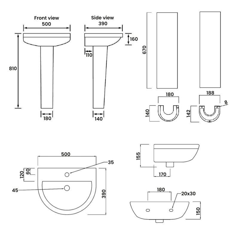 Signature Babylon Basin and Full Pedestal 500mm Wide - 1 Tap Hole