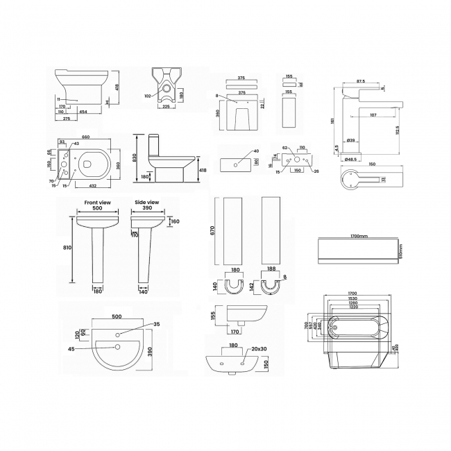 Signature Babylon Complete Bathroom Suite with Single Ended Bath 1700mm X 700mm Bath - White/Black