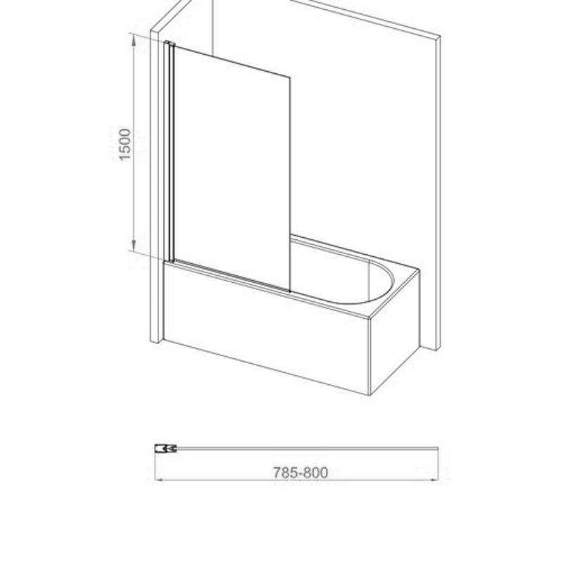 Signature Single Square Hinged Bath Screen 1500mm High x 800mm Wide - 6mm Glass