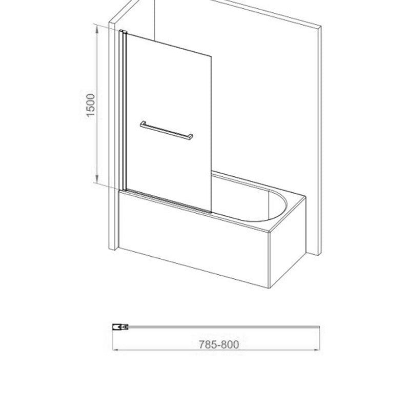 Signature Single Square Hinged Bath Screen with Rail 1500mm High x 800mm Wide - 6mm Glass