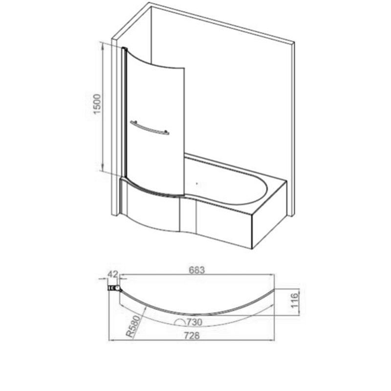 Signature P-Shaped Hinged Bath Screen with Rail 1500mm High x 760mm Wide - 6mm Glass