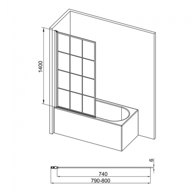 Signature Single Straight Square Black Framed Bath Screen 1400mm H x 800mm W - 6mm Glass