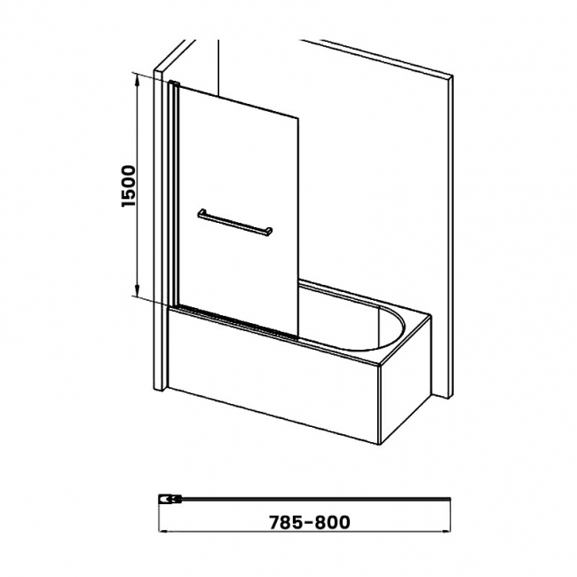 Signature Single Square Hinged Bath Screen with Rail 1500mm High x 800mm Wide - 6mm Glass
