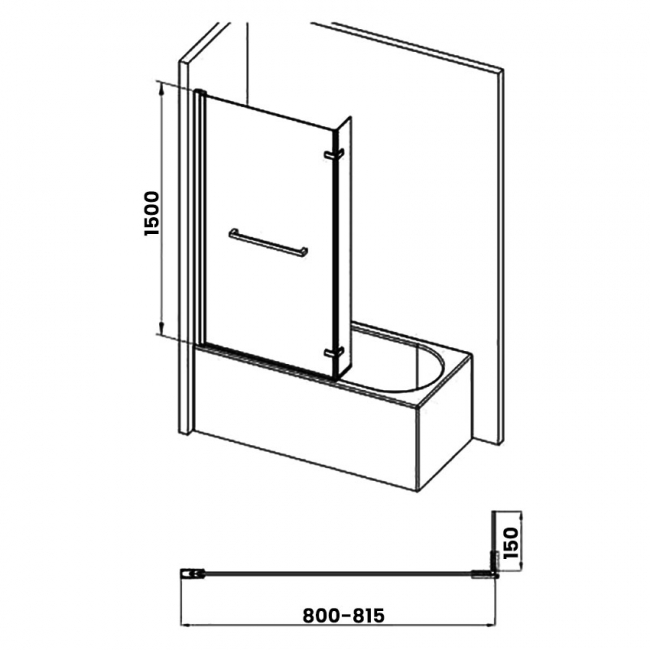 Signature Matt Black L-Shaped Hinged Bath Screen with Rail 1500mm High x 815mm Wide - 6mm Glass