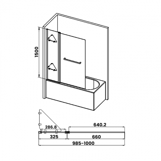 Signature Two Folding Bath Screen With Rail 1500mm High x 1000mm Wide - 6mm Glass