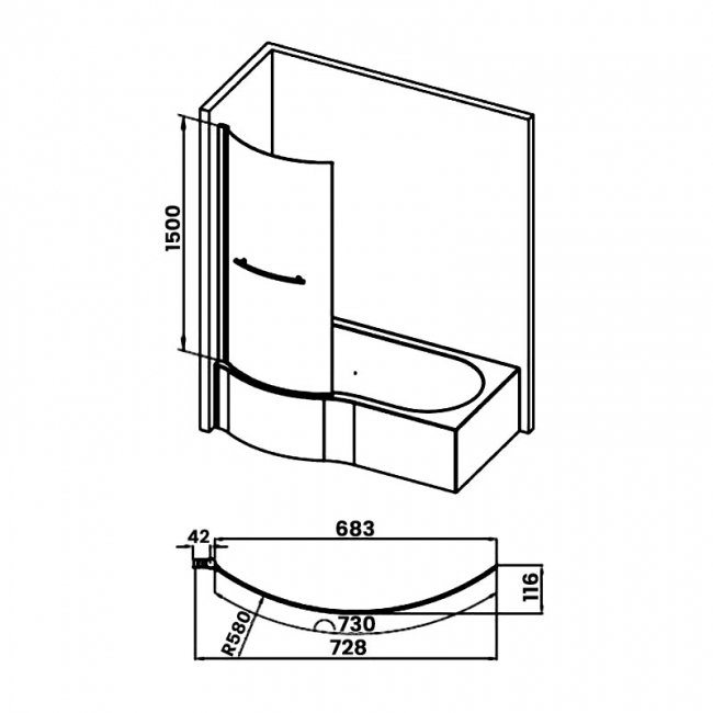 Signature P-Shaped Hinged Bath Screen with Rail 1500mm High x 760mm Wide - 6mm Glass