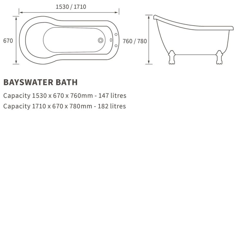 Signature Bayswater Freestanding Slipper Bath 1530mm x 670mm - 2 Tap Hole
