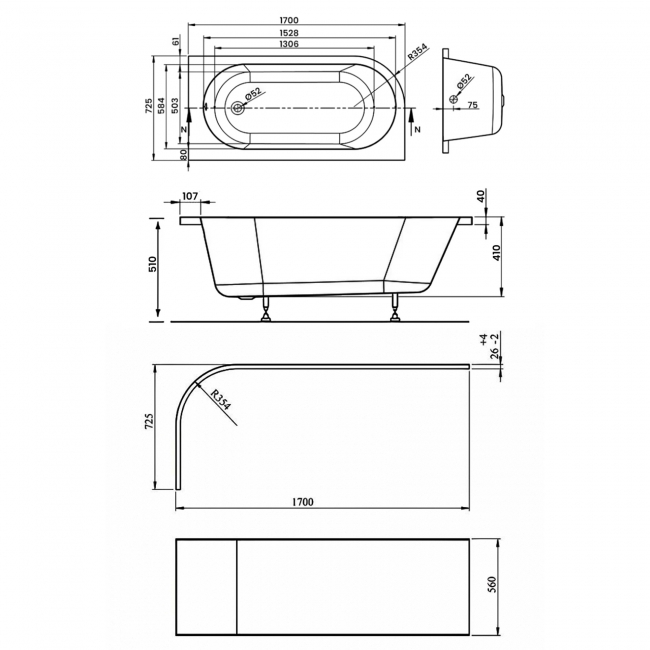 Signature Boost J-Shaped Rectangular Corner Bath 1700mm x 725mm Left Handed (inc Panel)