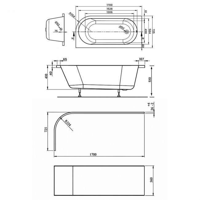 Signature Boost J-Shaped Rectangular Corner Bath 1700mm x 725mm Right Handed (inc Panel)