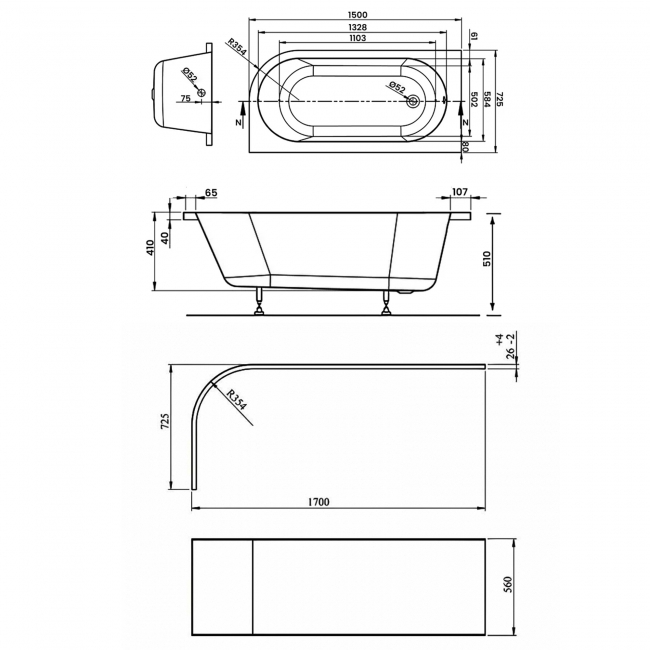 Signature Boost J-Shaped Rectangular Corner Bath 1500mm x 725mm Right Handed (inc Panel)