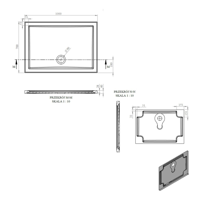 Signature Boundary Rectangular Stone Resin Shower Tray 1000mm x 700mm (inc Waste)  | Dimension Image