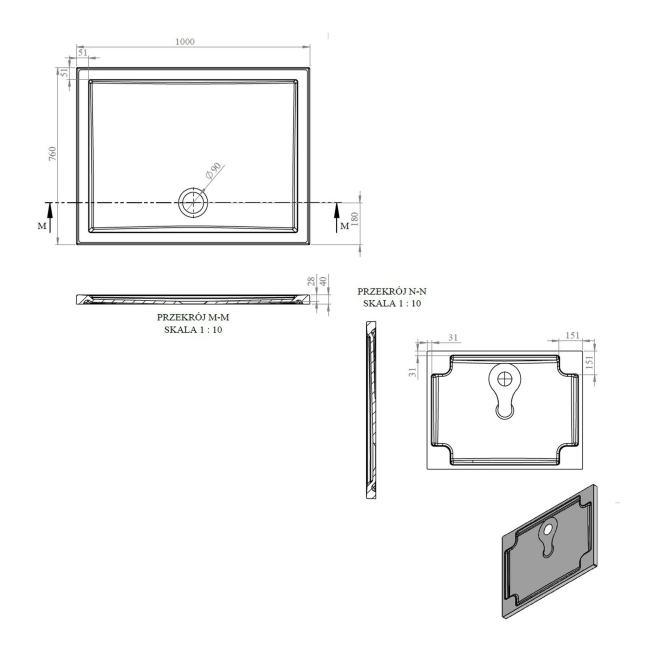 Signature Boundary Rectangular Stone Resin Shower Tray 1000mm x 760mm (inc Waste)  | Dimension Image