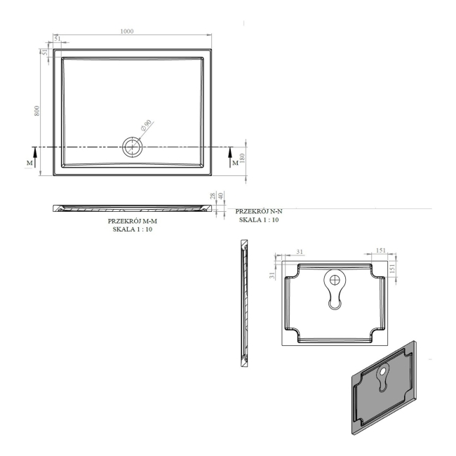 Signature Boundary Rectangular Stone Resin Shower Tray 1000mm x 900mm (inc Waste)  | Dimension Image