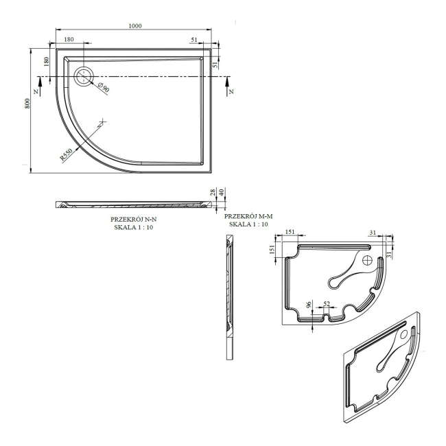Signature Boundary Offset Quadrant Stone Resin Shower Tray 1000mm x 800mm Left Handed (inc Waste)  | Dimension Image