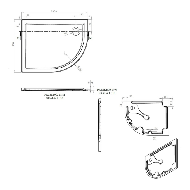 Signature Boundary Offset Quadrant Stone Resin Shower Tray 1000mm x 800mm Right Handed (inc Waste)  | Dimension Image