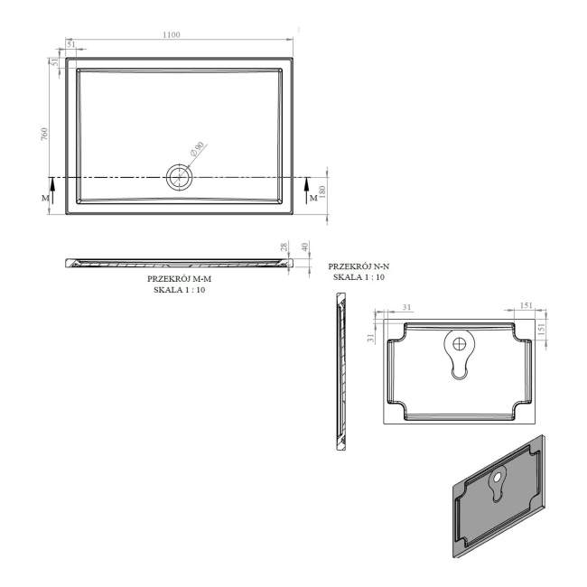 Signature Boundary Rectangular Stone Resin Shower Tray 1100mm x 760mm (inc Waste)  | Dimension Image