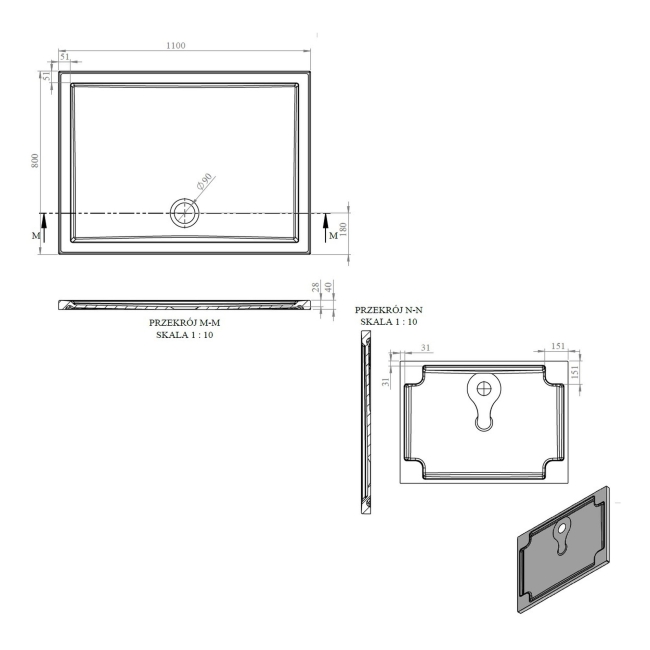 Signature Boundary Rectangular Stone Resin Shower Tray 1100mm x 800mm (inc Waste)  | Dimension Image