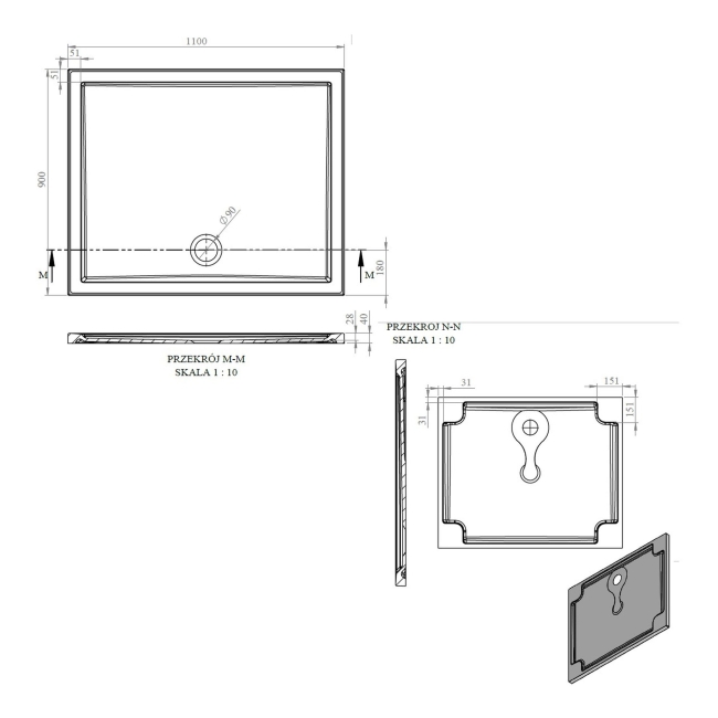 Signature Boundary Rectangular Stone Resin Shower Tray 1100mm x 900mm (inc Waste)  | Dimension Image