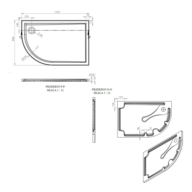 Signature Boundary Offset Quadrant Stone Resin Shower Tray 1200mm x 800mm Left Handed (inc Waste)  | Dimension Image
