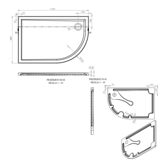 Signature Boundary Offset Quadrant Stone Resin Shower Tray 1200mm x 800mm Right Handed (inc Waste)  | Dimension Image