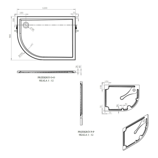 Signature Boundary Offset Quadrant Stone Resin Shower Tray 1200mm x 900mm Left Handed (inc Waste)  | Dimension Image