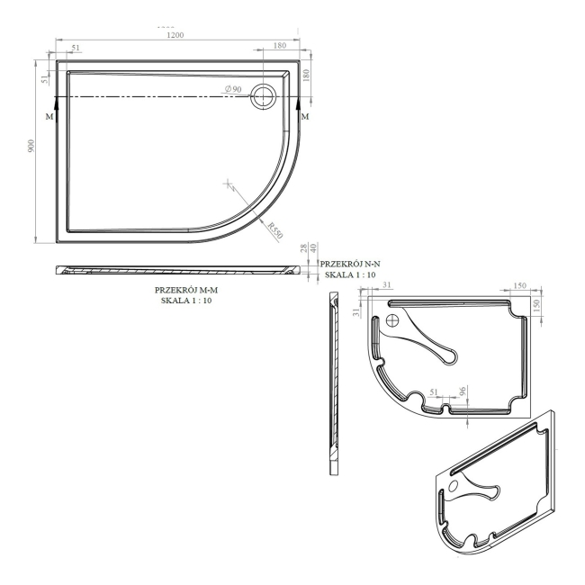 Signature Boundary Offset Quadrant Stone Resin Shower Tray 1200mm x 900mm Right Handed (inc Waste)  | Dimension Image