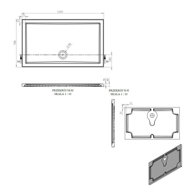 Signature Boundary Rectangular Stone Resin Shower Tray 1200mm x 700mm (inc Waste)  | Dimension Image