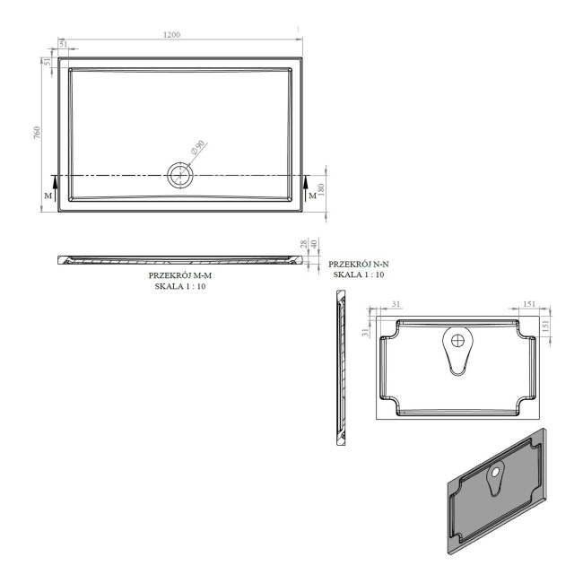 Signature Boundary Rectangular Stone Resin Shower Tray 1200mm x 760mm (inc Waste)  | Dimension Image