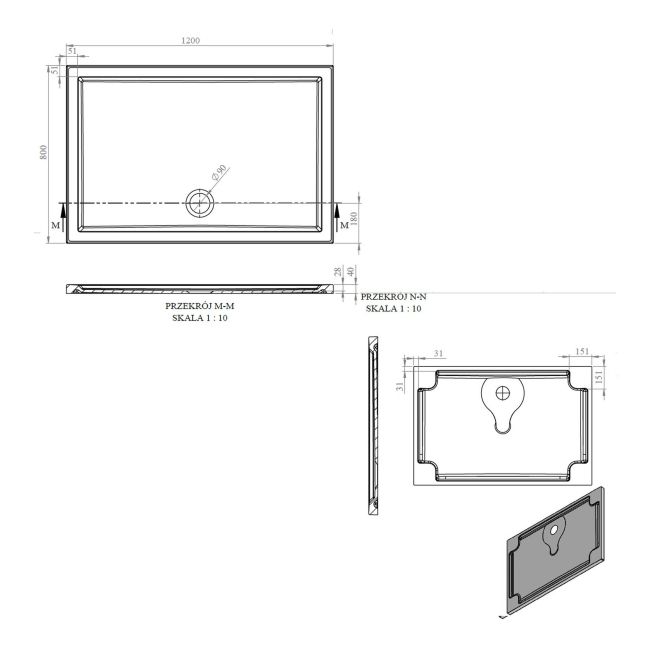 Signature Boundary Rectangular Stone Resin Shower Tray 1200mm x 800mm (inc Waste)  | Dimension Image