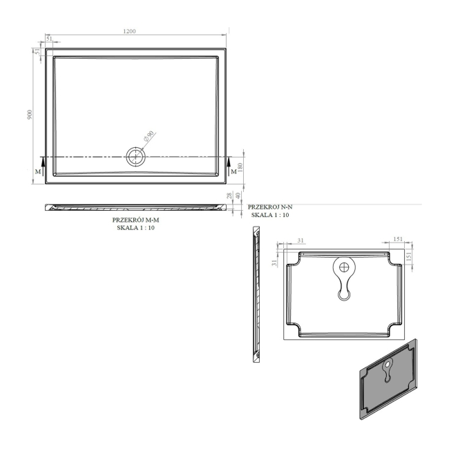 Signature Boundary Rectangular Stone Resin Shower Tray 1200mm x 900mm (inc Waste)  | Dimension Image