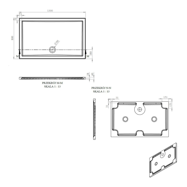 Signature Boundary Rectangular Stone Resin Shower Tray 1300mm x 800mm (inc Waste)  | Dimension Image