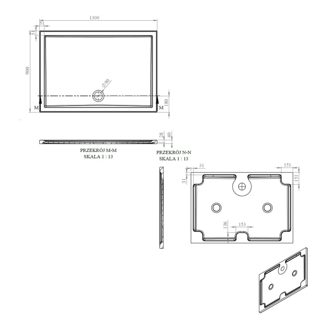 Signature Boundary Rectangular Stone Resin Shower Tray 1300mm x 900mm (inc Waste)  | Dimension Image