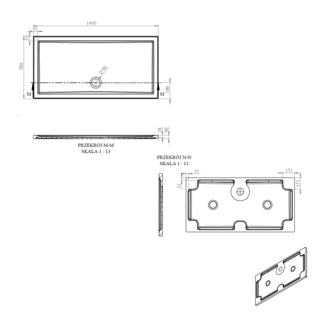 Signature Boundary Rectangular Stone Resin Shower Tray 1400mm x 700mm (inc Waste)  | Dimension Image