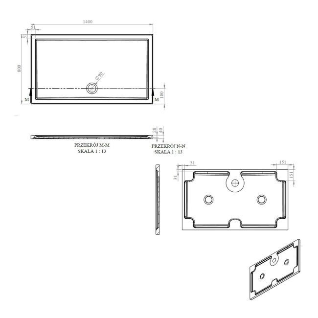 Signature Boundary Rectangular Stone Resin Shower Tray 1400mm x 800mm (inc Waste)  | Dimension Image