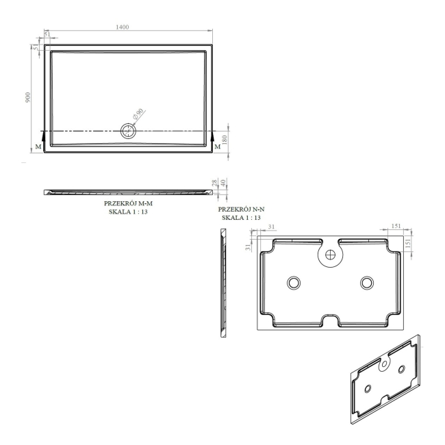 Signature Boundary Rectangular Stone Resin Shower Tray 1400mm x 900mm (inc Waste)  | Dimension Image