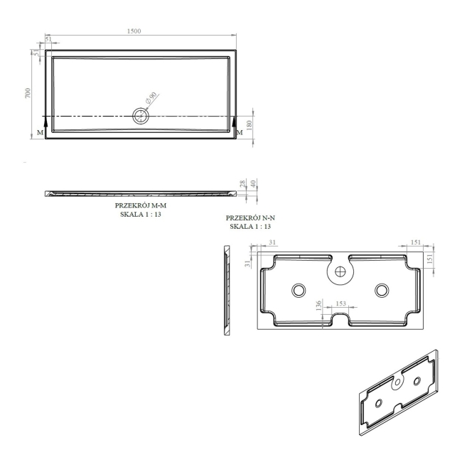 Signature Boundary Rectangular Stone Resin Shower Tray 1500mm x 700mm (inc Waste)  | Dimension Image
