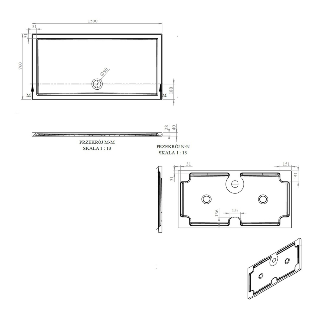 Signature Boundary Rectangular Stone Resin Shower Tray 1500mm x 760mm (inc Waste)  | Dimension Image