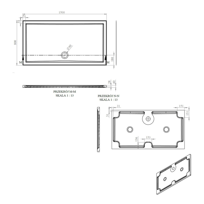 Signature Boundary Rectangular Stone Resin Shower Tray 1500mm x 800mm (inc Waste)  | Dimension Image