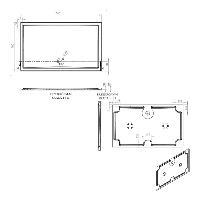Signature Boundary Rectangular Stone Resin Shower Tray 1500mm x 900mm (inc Waste)  | Dimension Image