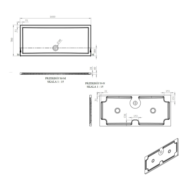 Signature Boundary Rectangular Stone Resin Shower Tray 1600mm x 700mm (inc Waste)  | Dimension Image