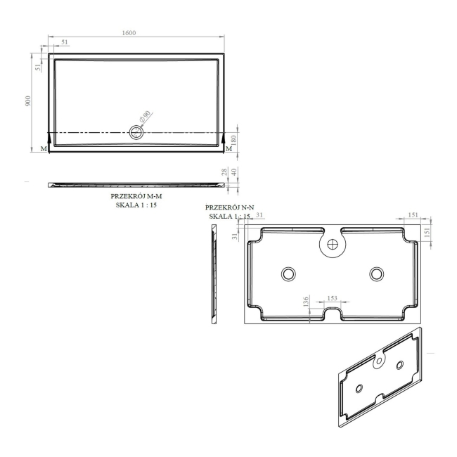 Signature Boundary Rectangular Stone Resin Shower Tray 1600mm x 900mm (inc Waste)  | Dimension Image