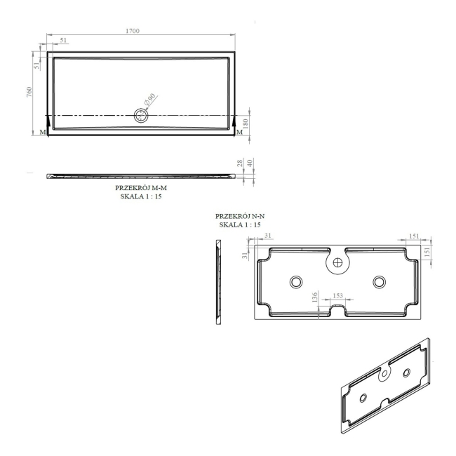 Signature Boundary Rectangular Stone Resin Shower Tray 1700mm x 760mm (inc Waste)  | Dimension Image