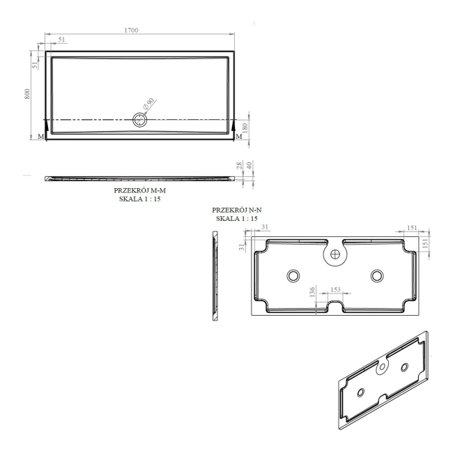 Signature Boundary Rectangular Stone Resin Shower Tray 1700mm x 800mm (inc Waste)  | Dimension Image