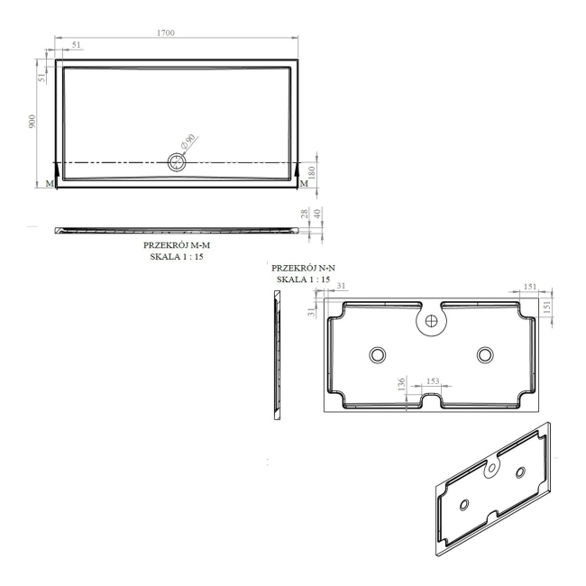 Signature Boundary Rectangular Stone Resin Shower Tray 1700mm x 900mm (inc Waste)  | Dimension Image